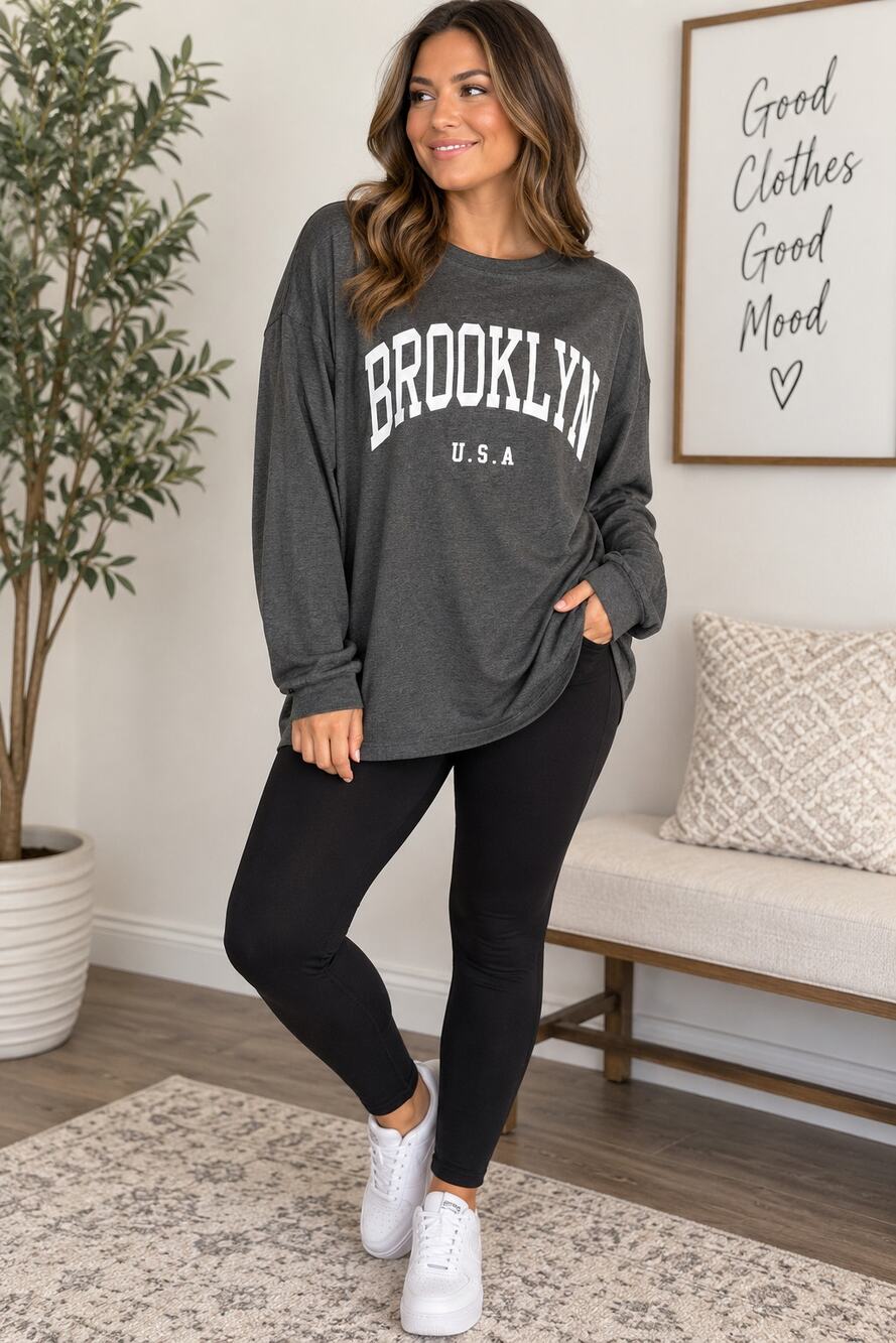 SHEIN Curve Brooklyn USA Graphic Long Sleeve Top | Charcoal Gray | Women’s 2XL